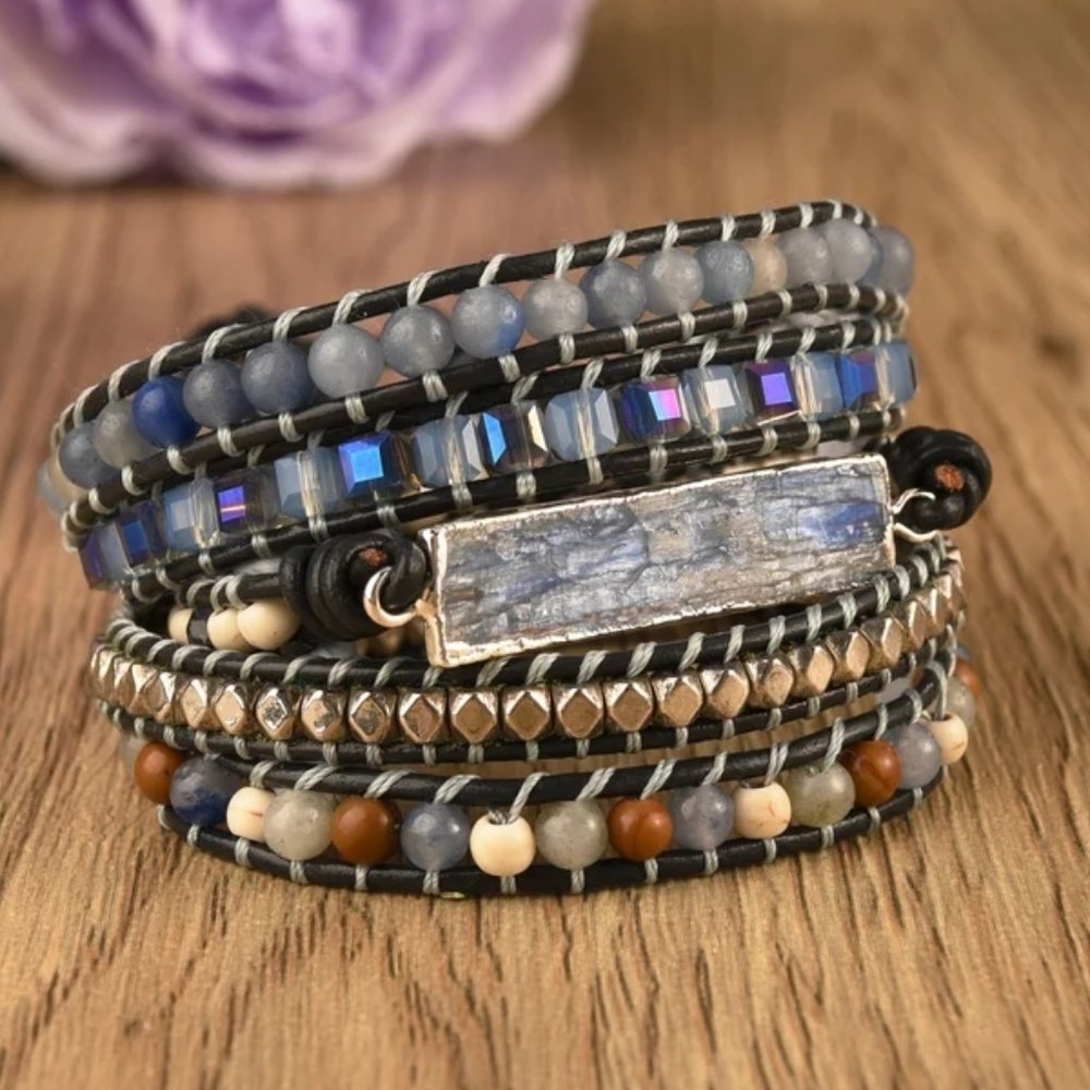 Natural Blue Topaz Women Leather Wrap Cuff Handmade Healing Chakra Bracelet Gift